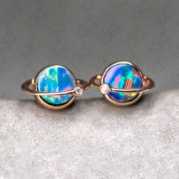 Saturn Design Doublet Opal Stud Earrings 18K Rose Gold - Picture 1 of 7